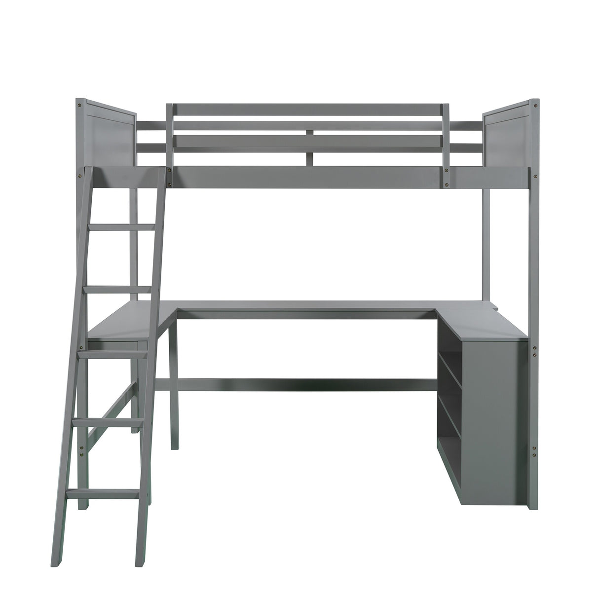 Full size Loft Bed with Shelves and Desk, Wooden Loft Bed with Desk Gray