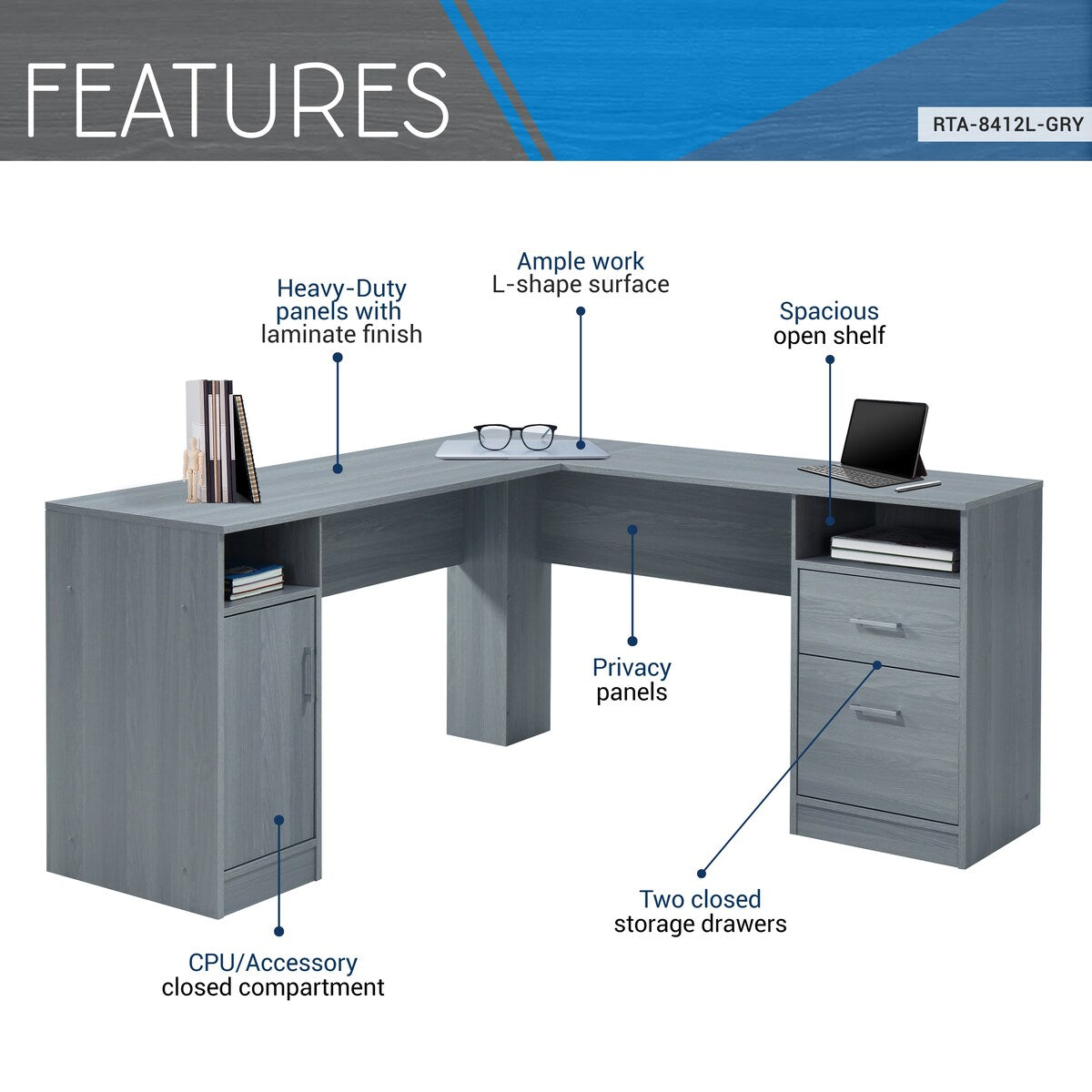 Functional L-Shape Desk with Storage for Entryway Living Room，Office Room, Grey