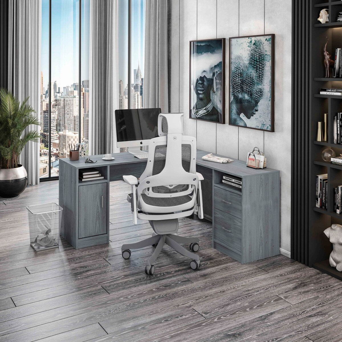Functional L-Shape Desk with Storage for Entryway Living Room，Office Room, Grey