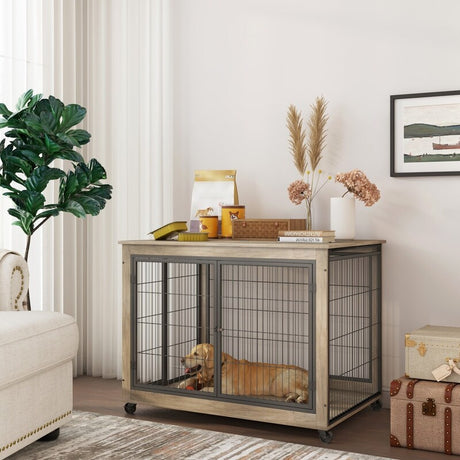 Furniture Style Dog Crate Side Table on Wheels with Double Doors and Lift Top. Grey