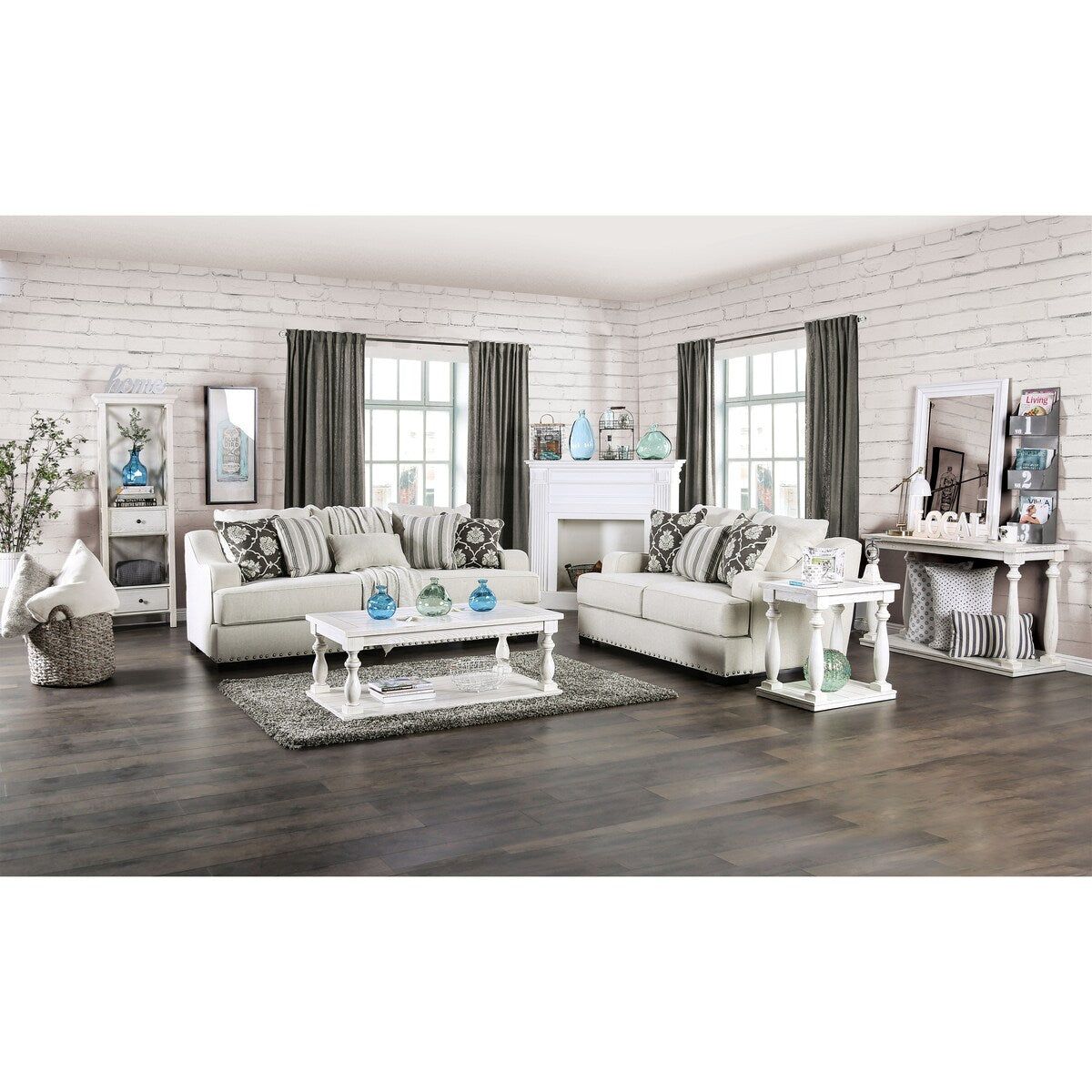Furniture of America Anteber Farmhouse Cream Nailhead Trim Loveseat