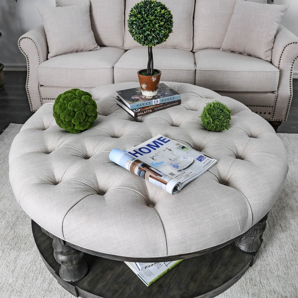 Bae Rustic 48-inch Fabric Tufted 1-Shelf Round Coffee Table by Furniture of America
