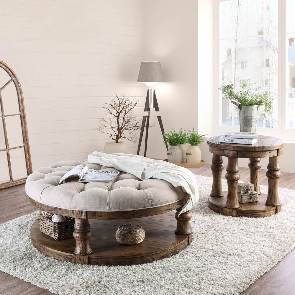 Bae Rustic 48-inch Fabric Tufted 1-Shelf Round Coffee Table by Furniture of America