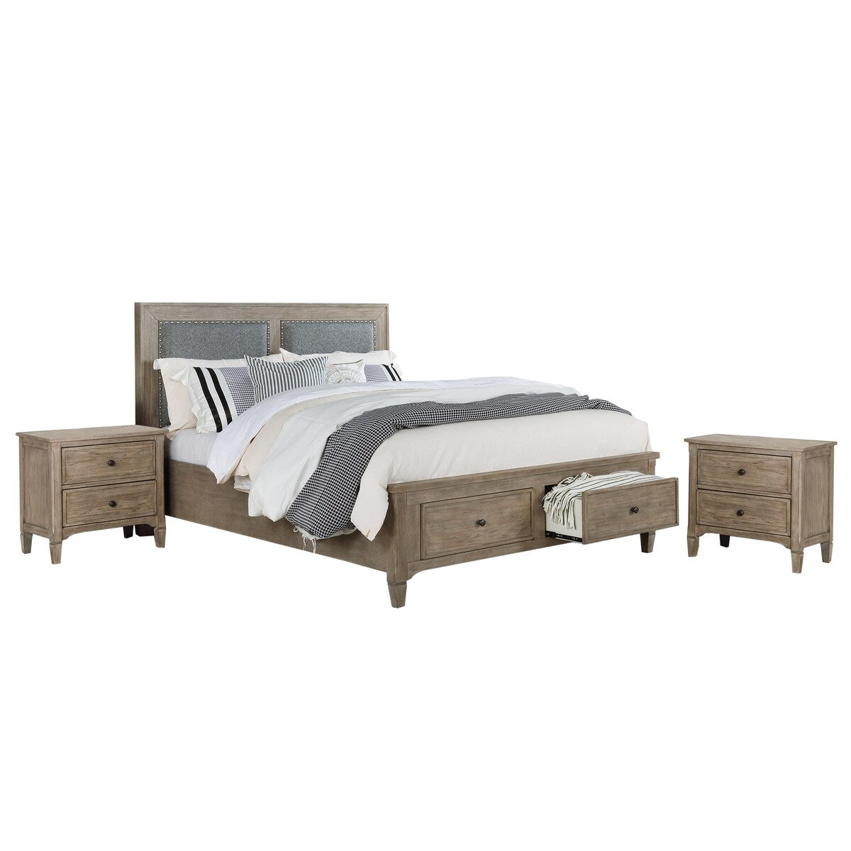Banister Transitional Grey Wood USB Port 3-Piece Storage Platform Bedroom Set with 2 Nightstands by Furniture of America