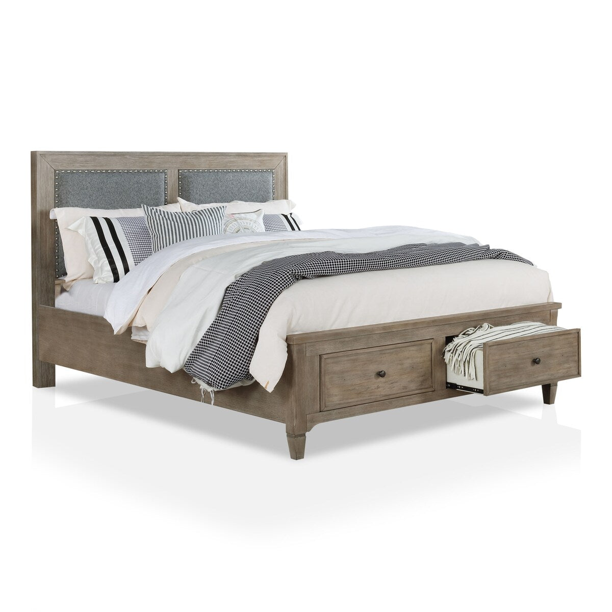 Banister Transitional Grey Wood USB Port 3-Piece Storage Platform Bedroom Set with 2 Nightstands by Furniture of America