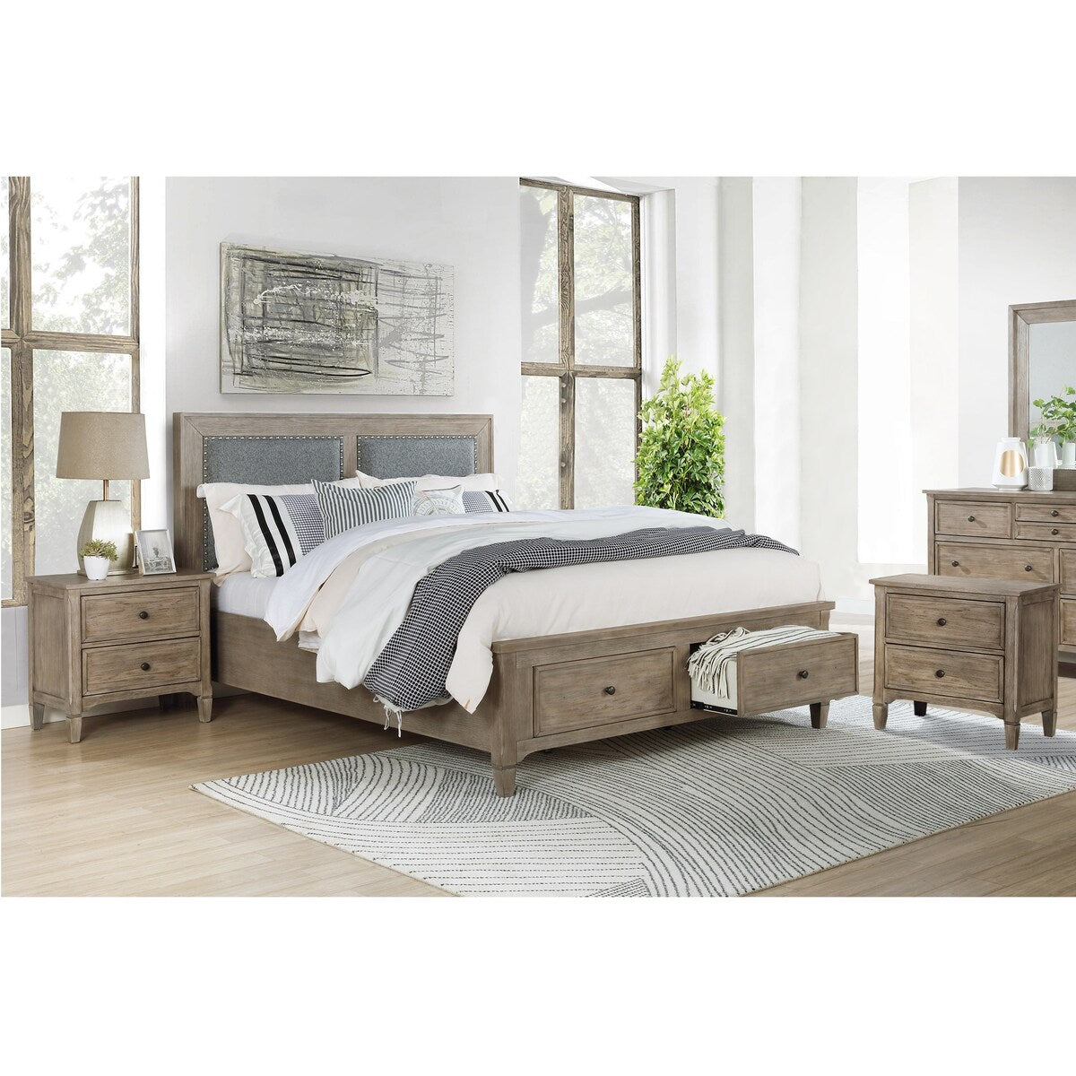 Banister Transitional Grey Wood USB Port 3-Piece Storage Platform Bedroom Set with 2 Nightstands by Furniture of America