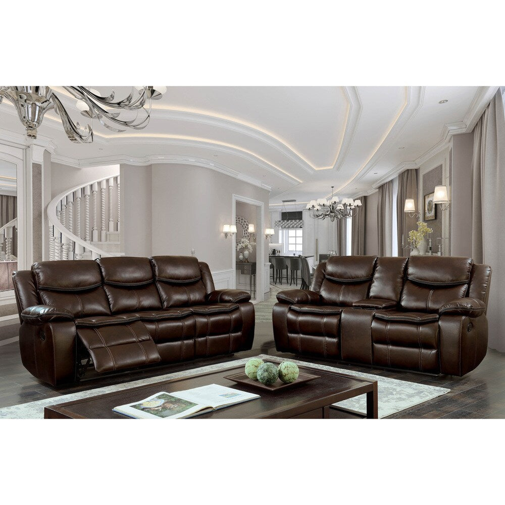 Lage Transitional Brown Faux Leather Upholstered Reclining Loveseat with Console by Furniture of America