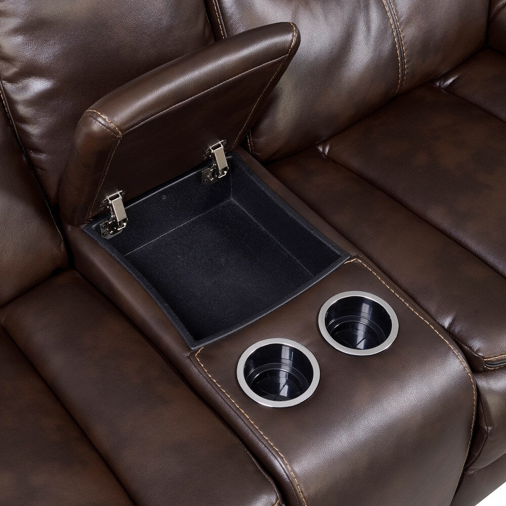 Lage Transitional Brown Faux Leather Upholstered Reclining Loveseat with Console by Furniture of America