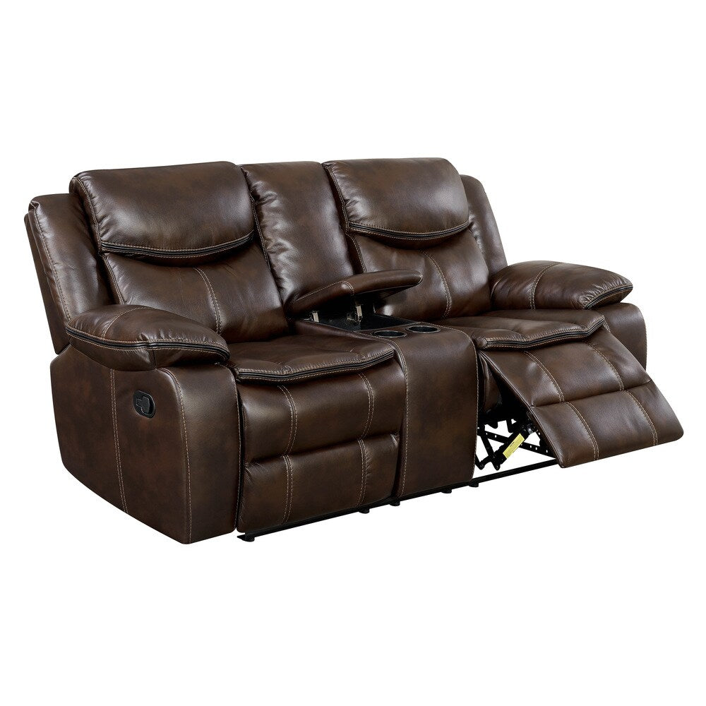 Lage Transitional Brown Faux Leather Upholstered Reclining Loveseat with Console by Furniture of America