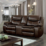 Lage Transitional Brown Faux Leather Upholstered Reclining Loveseat with Console by Furniture of America