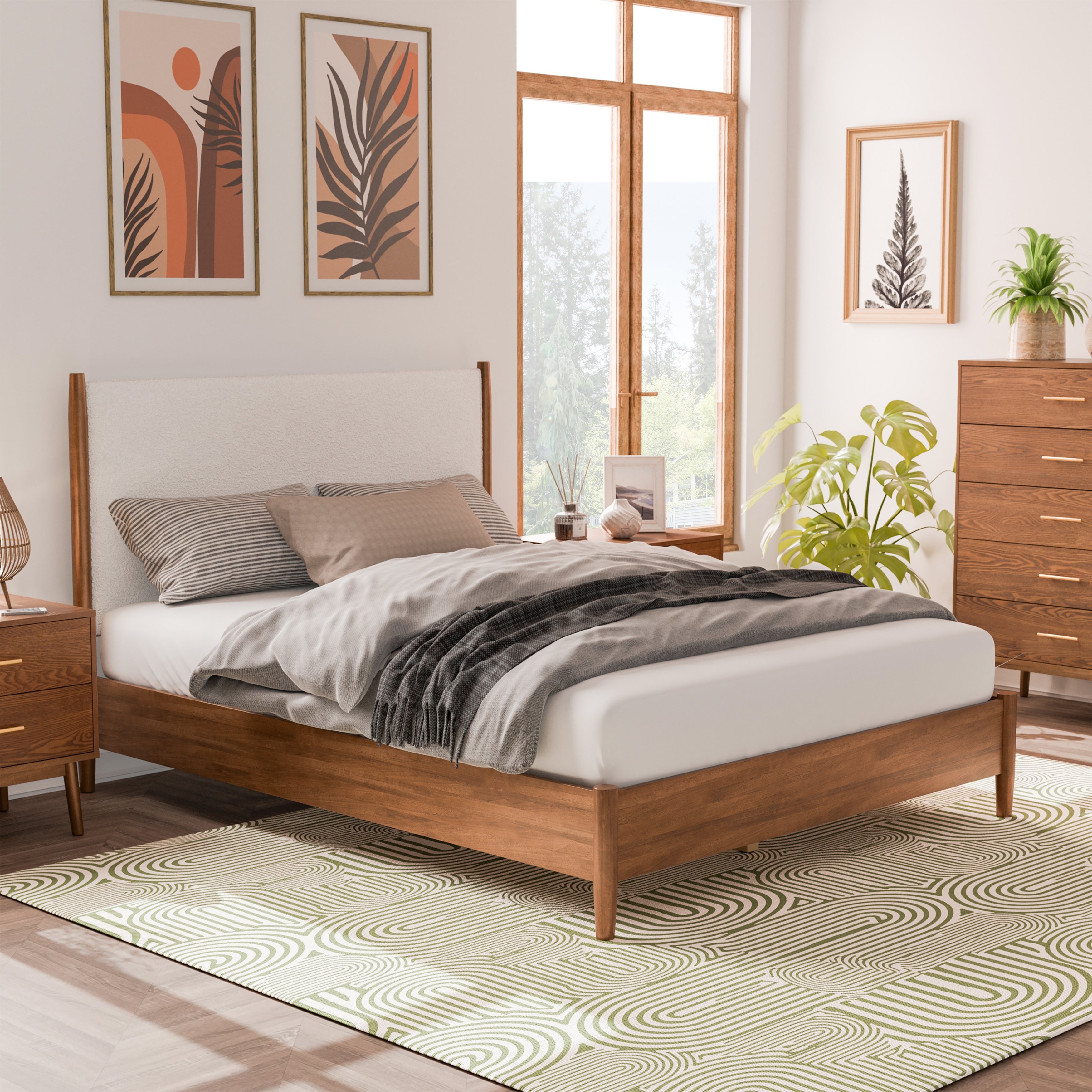 HOMES Inside Out Queen Riverstone Mid Century Modern Platform Bed with Headboard Walnut Wood
