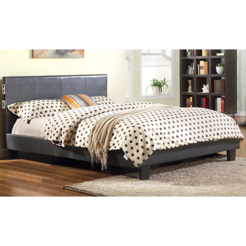 Furniture of America Britney Modern Grey Leatherette Platform Bed with Bluetooth Speaker