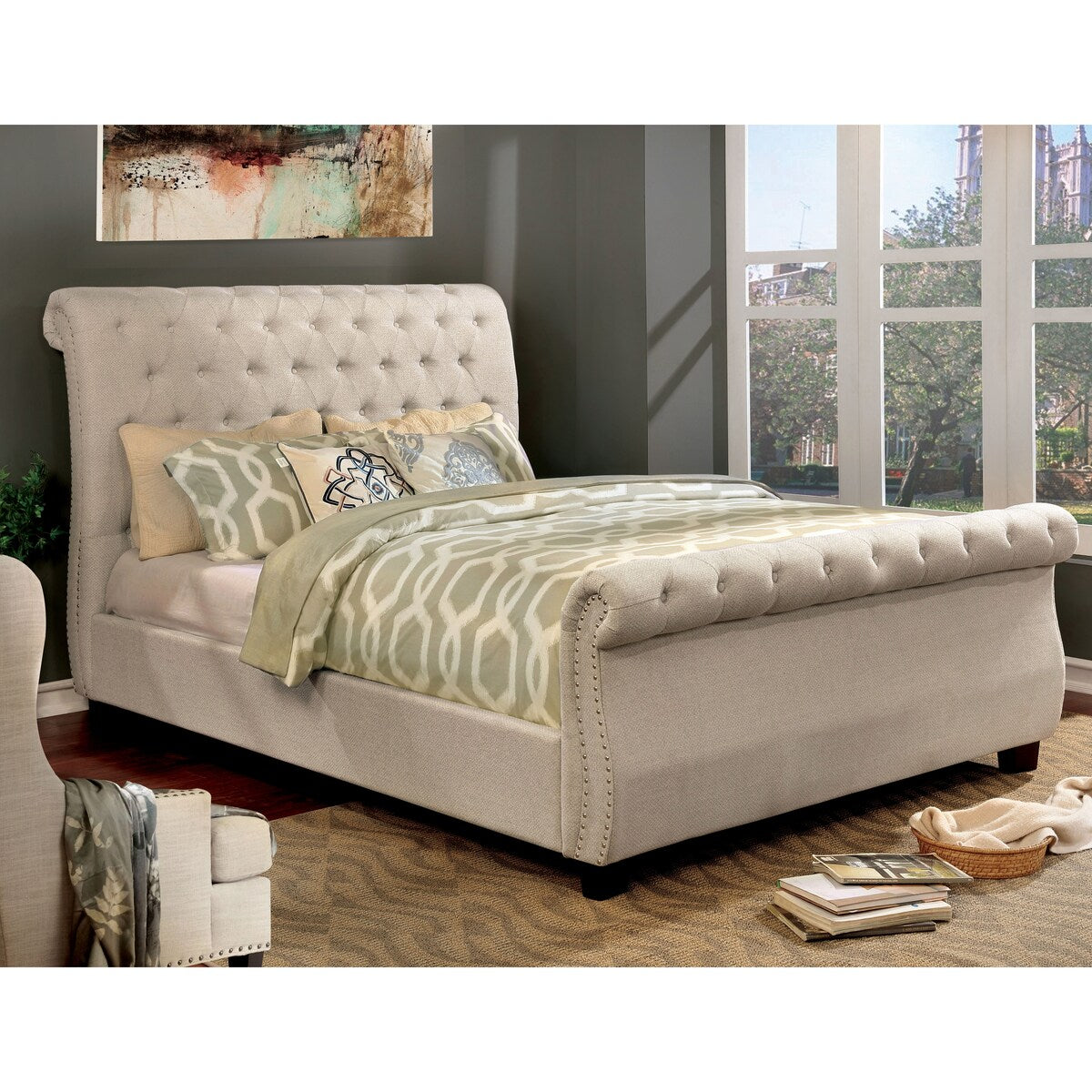 Furniture of America Kain Contemporary Beige Fabric Padded Sleigh Bed