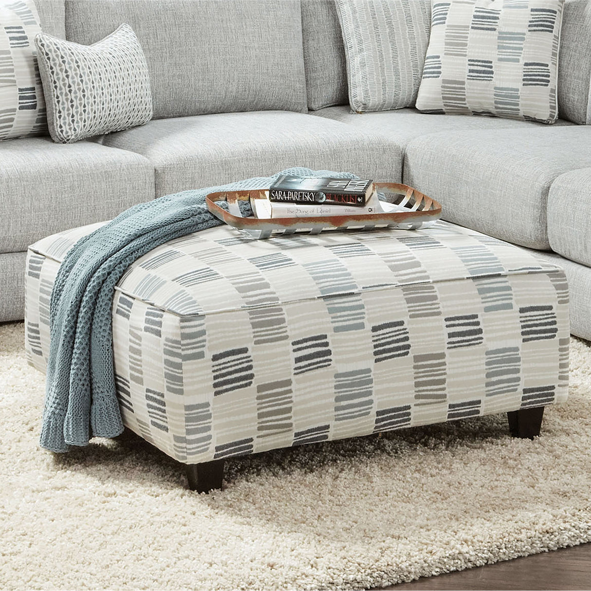 Eldan Transitional Grey Chenille Padded Cocktail Ottoman by Furniture of America
