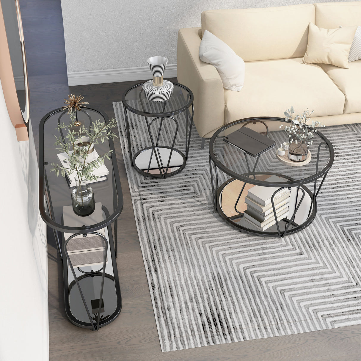 Gable Glam Glass Top 3-Piece Coffee Table Set with Shelf by Furniture of America