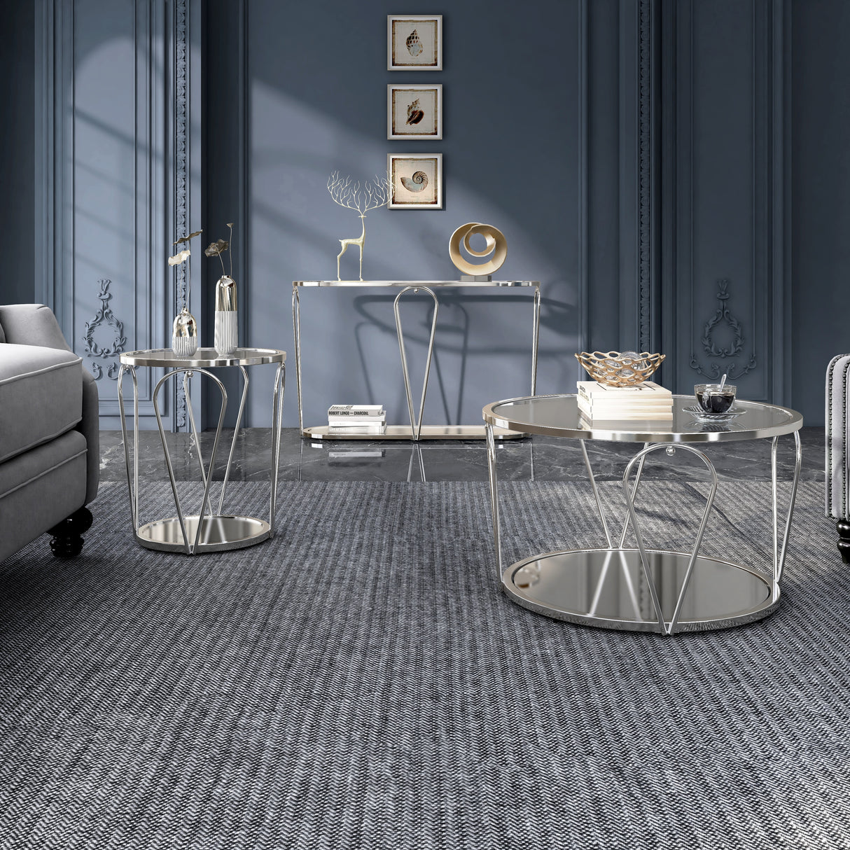 Gable Glam Glass Top 3-Piece Coffee Table Set with Shelf by Furniture of America
