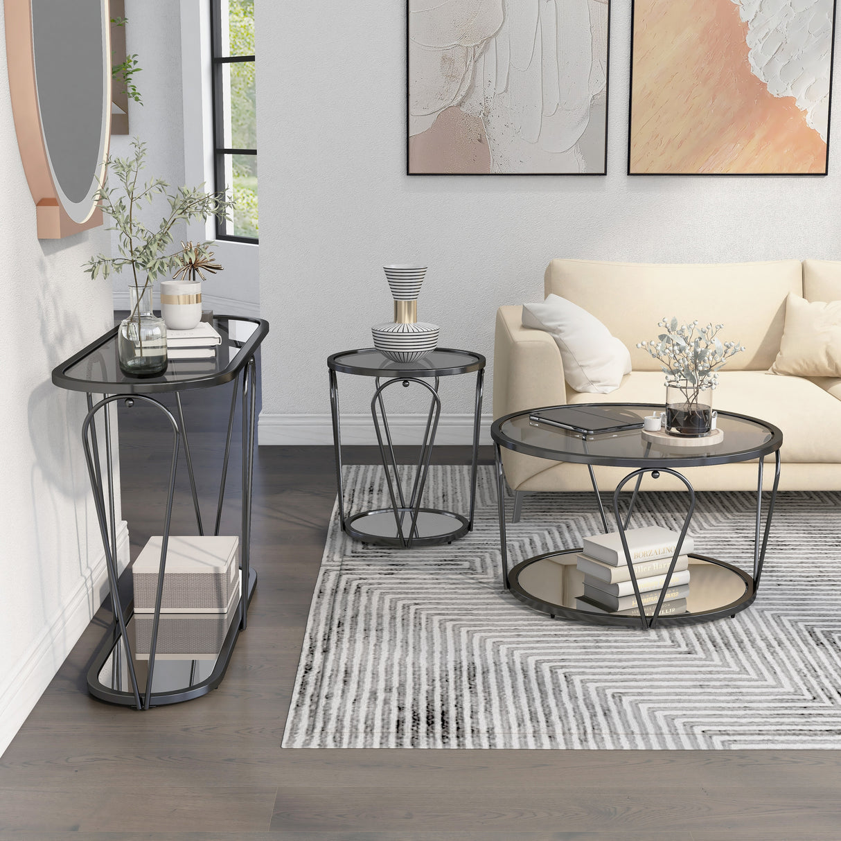 Gable Glam Glass Top 3-Piece Coffee Table Set with Shelf by Furniture of America