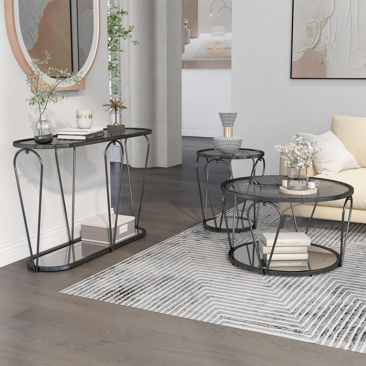 Gable Glam Glass Top 3-Piece Coffee Table Set with Shelf by Furniture of America