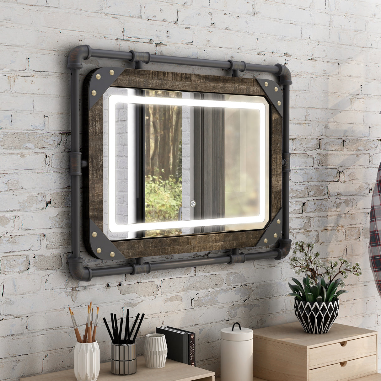 Furniture of America Inyo Industrial Metal Wall Mirror with LED Lights