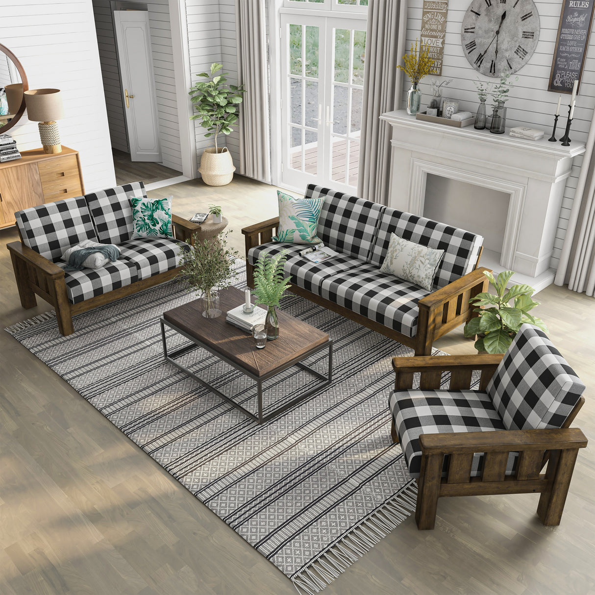 Jimo Rustic Oak and Linen Fabric 3-Piece Sofa Set by Furniture of America
