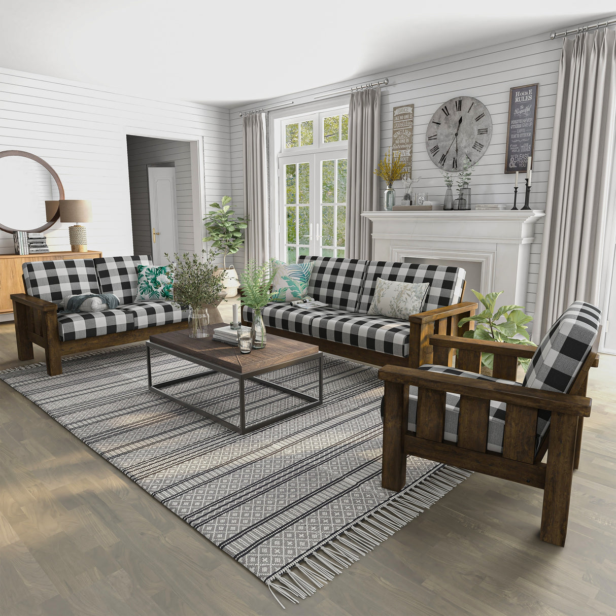 Jimo Rustic Oak and Linen Fabric 3-Piece Sofa Set by Furniture of America