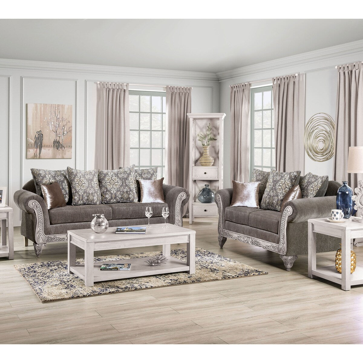 McGahn Traditional Warm Grey Chenille Padded 2-Piece Sofa Set by Furniture of America