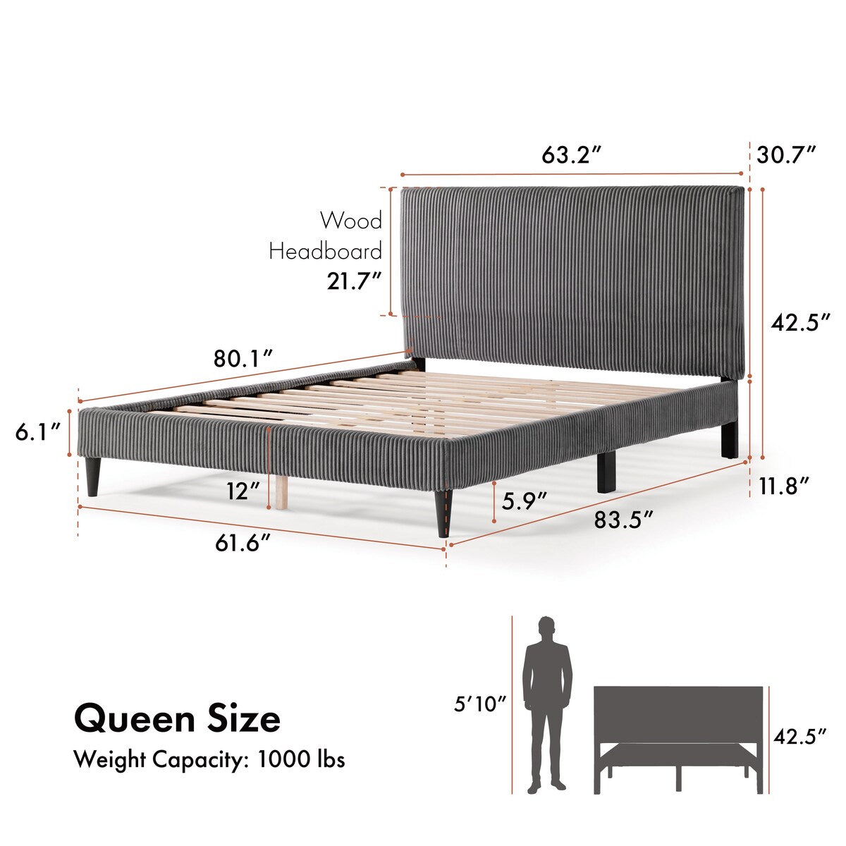 Furniture of America Modern Queen Size Corduroy Washable Bed Slipcover, Bed Headboard & Frame Cover Only