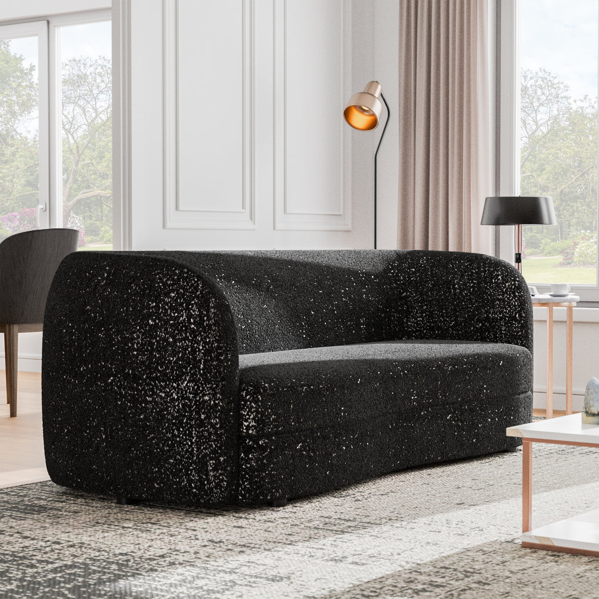 Furniture of America Ophelia Modern Curved Arms Boucle Sofa Couch with Kidney Style Seat and Round Wooden Legs