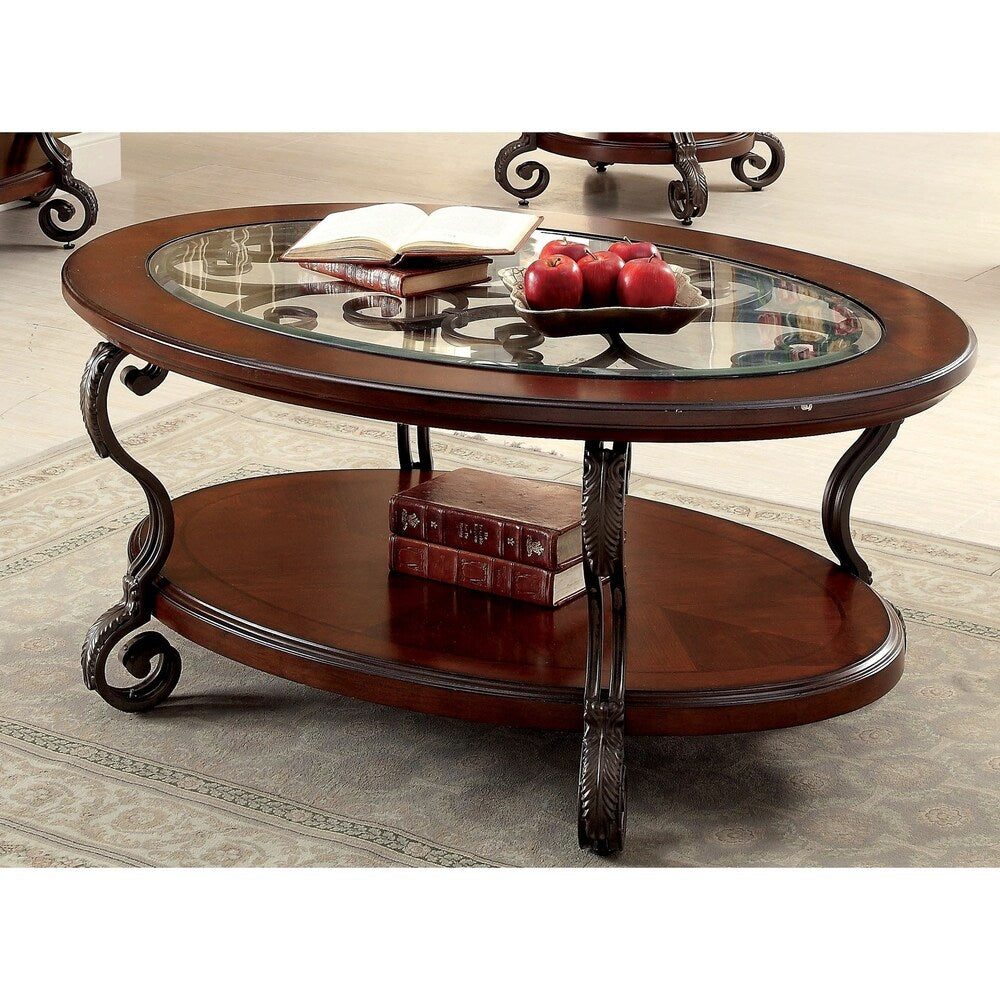 Raiz Traditional Cherry 48-inch Wood 1-Shelf Oval Coffee Table by Furniture of America