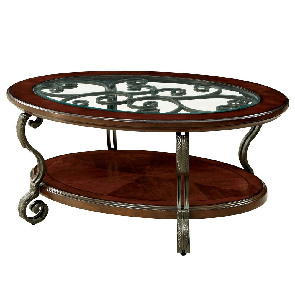 Raiz Traditional Cherry 48-inch Wood 1-Shelf Oval Coffee Table by Furniture of America