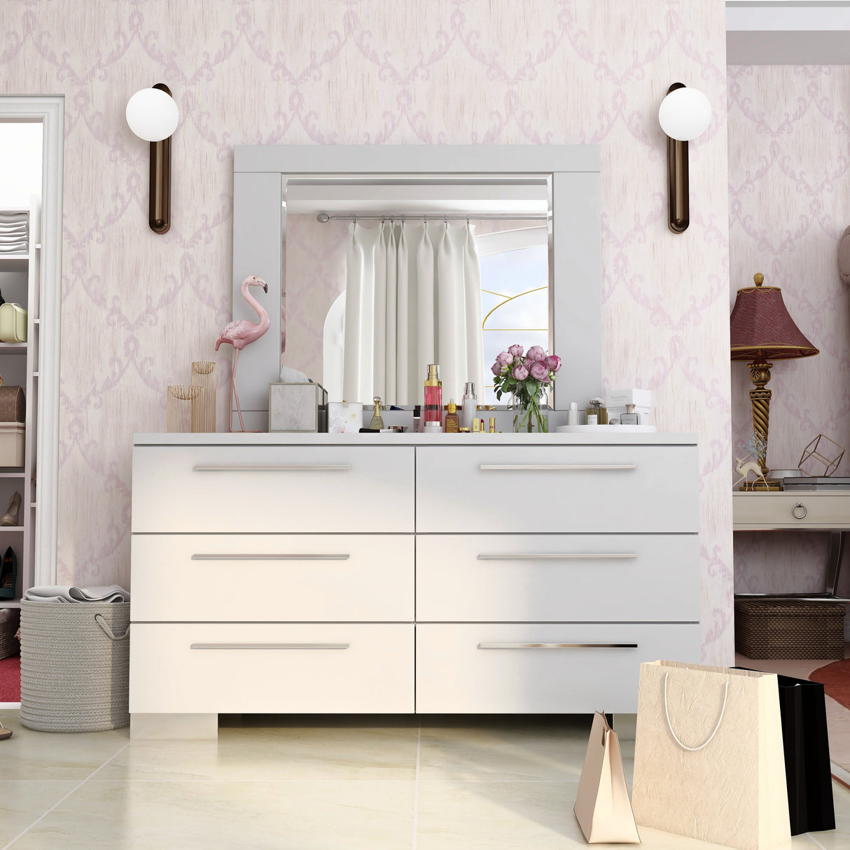 Rema Contemporary White Wood 6-Drawer 2-Piece Dresser and Mirror Set by Furniture of America