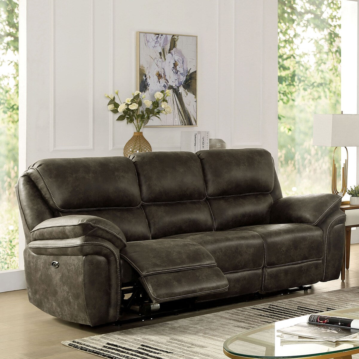 Ruddern Transitional Mocha Faux Leather Power Reclining Sofa with USB by Furniture of America