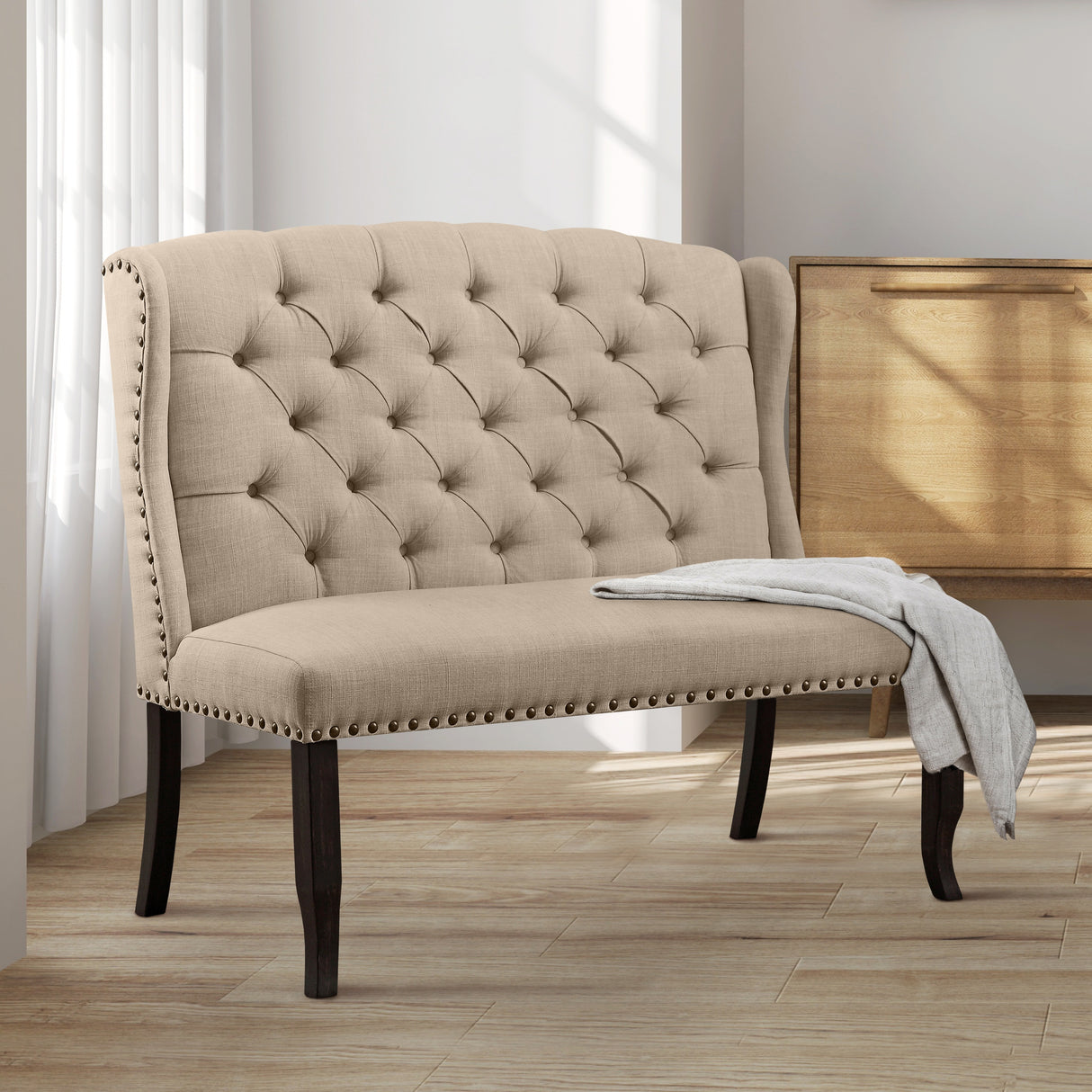 Furniture of America Tays Rustic Linen Fabric Loveseat Dining Bench