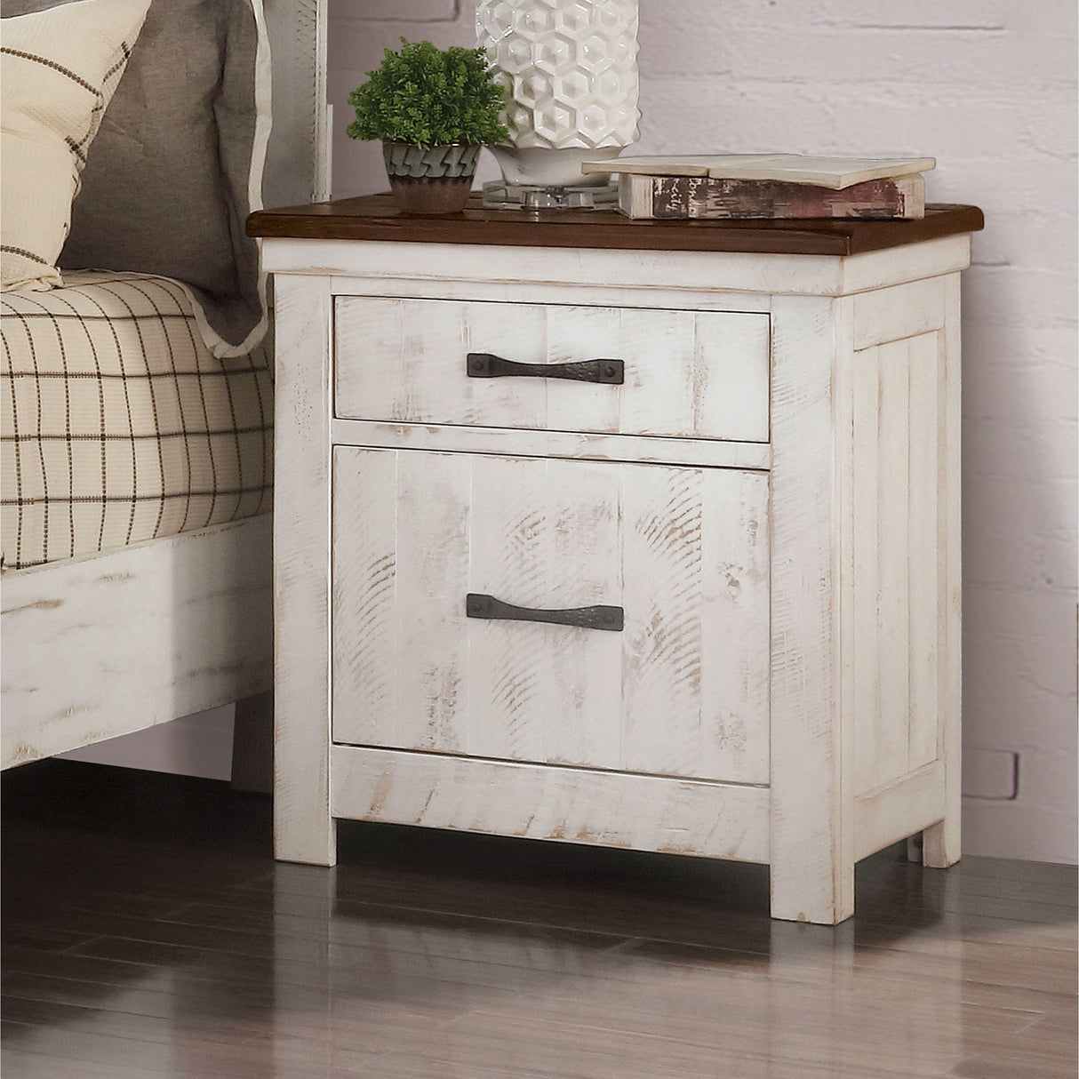 Ynez Farmhouse White Wood 2-Drawer Nightstand with USB Port by Furniture of America