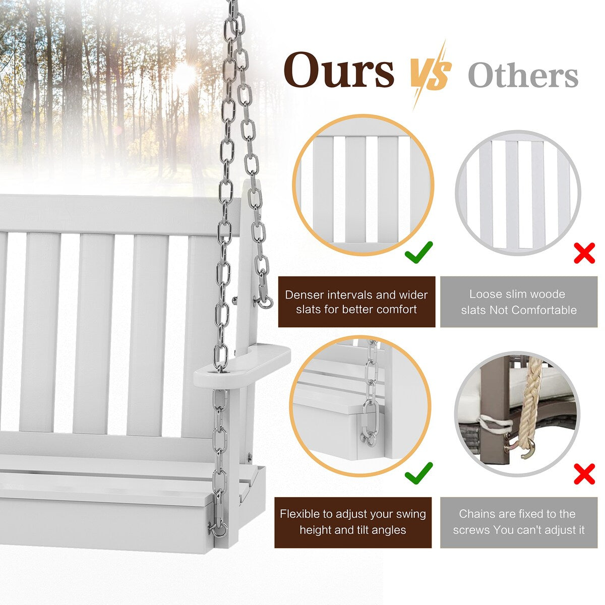 Futzca Outdoor Wooden Porch Swing, Bench Swing with Hanging Chains