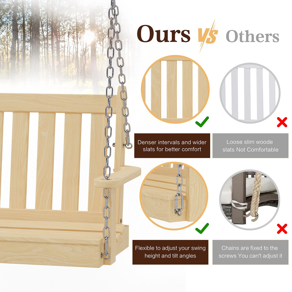 Futzca Outdoor Wooden Porch Swing, Bench Swing with Hanging Chains
