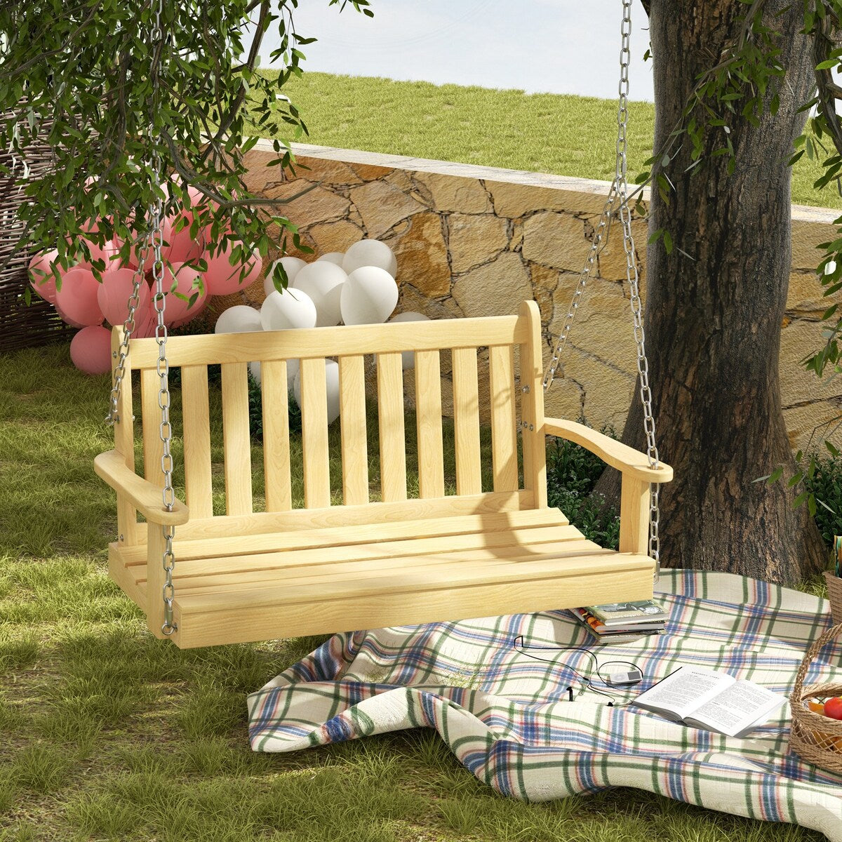 Futzca Outdoor Wooden Porch Swing, Bench Swing with Hanging Chains