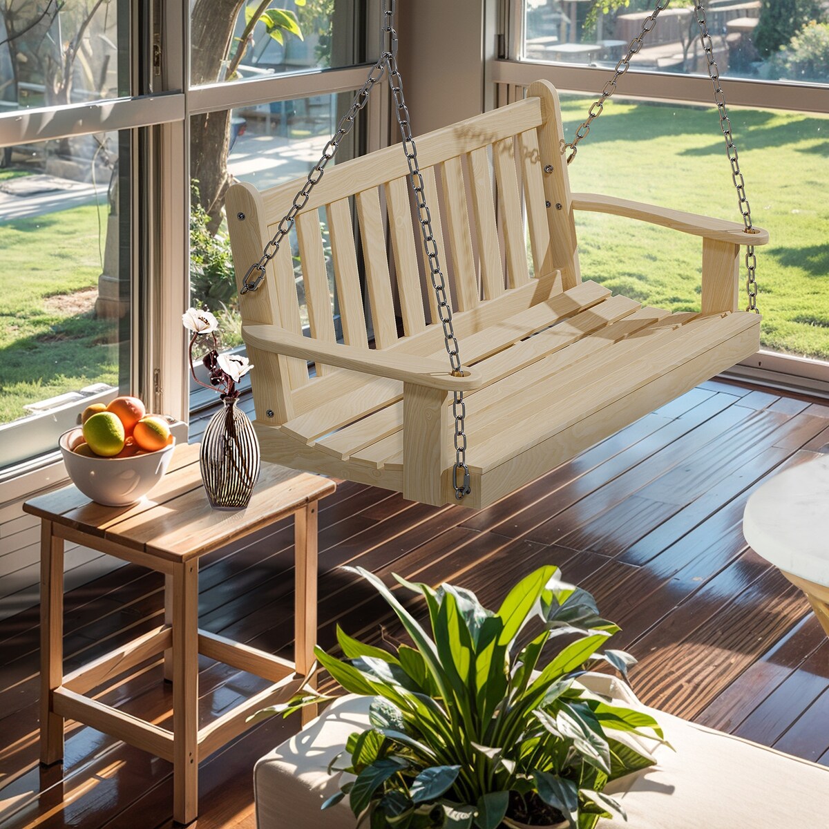 Futzca Outdoor Wooden Porch Swing, Bench Swing with Hanging Chains