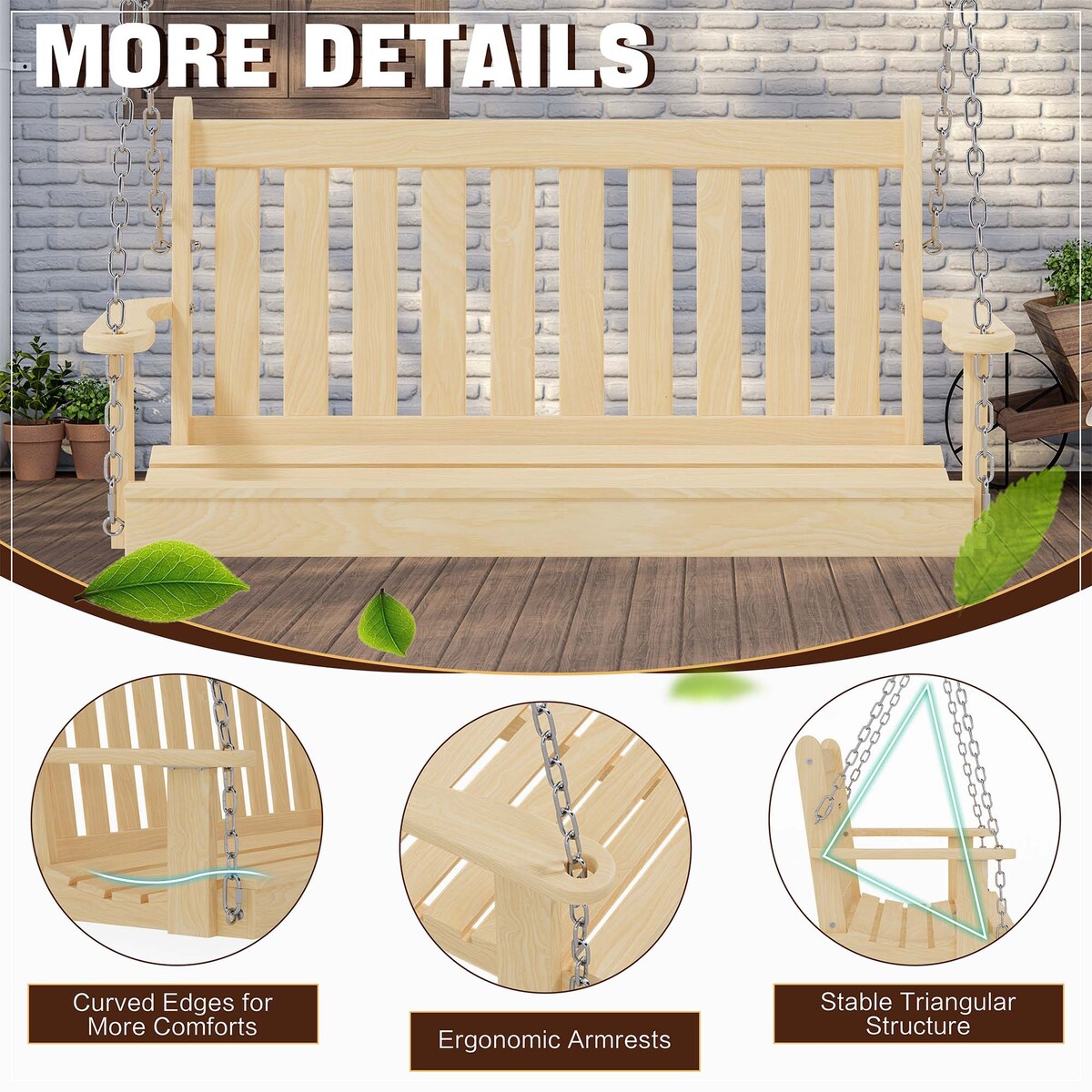 Futzca Outdoor Wooden Porch Swing, Bench Swing with Hanging Chains