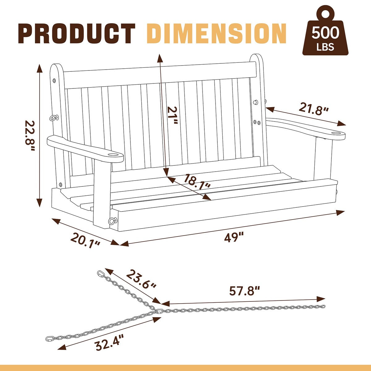 Futzca Outdoor Wooden Porch Swing, Bench Swing with Hanging Chains