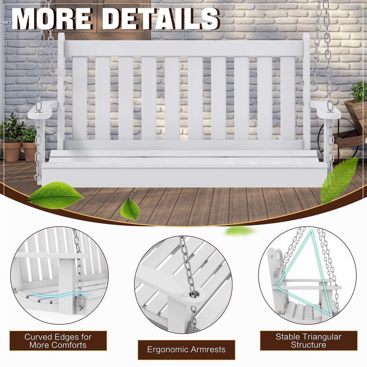 Futzca Outdoor Wooden Porch Swing, Bench Swing with Hanging Chains