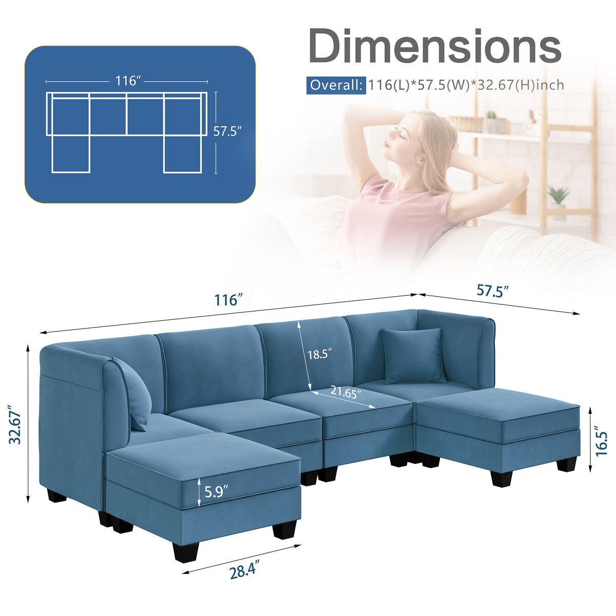 Futzca Sectional Couch Modular Sofa, 116" Velvet L-Shaped Couch Sofa