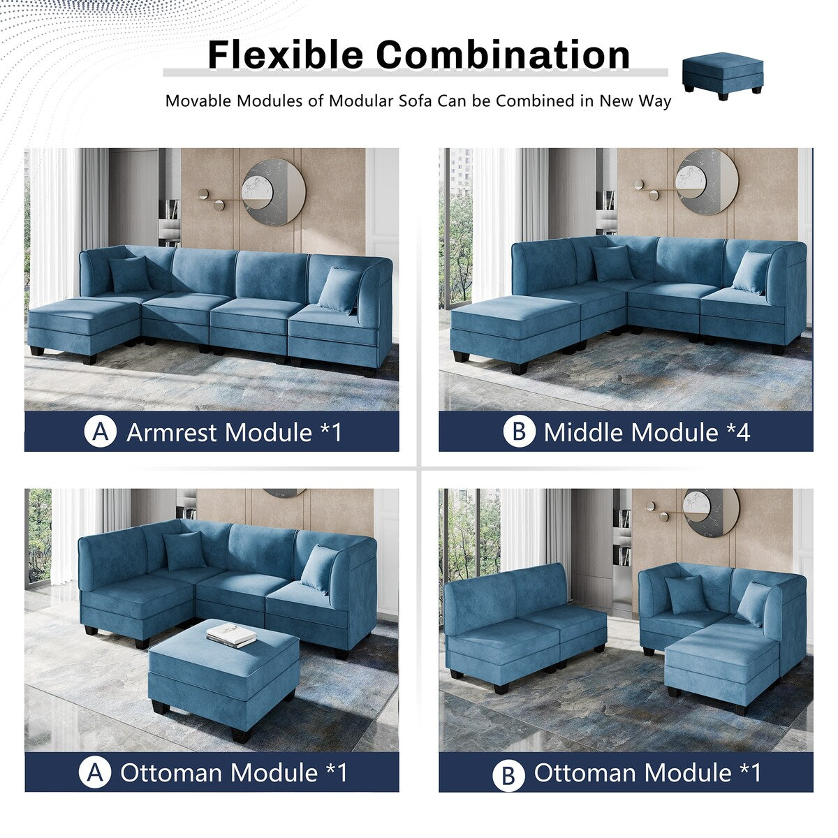 Futzca Sectional Couch Modular Sofa, 116" Velvet L-Shaped Couch Sofa