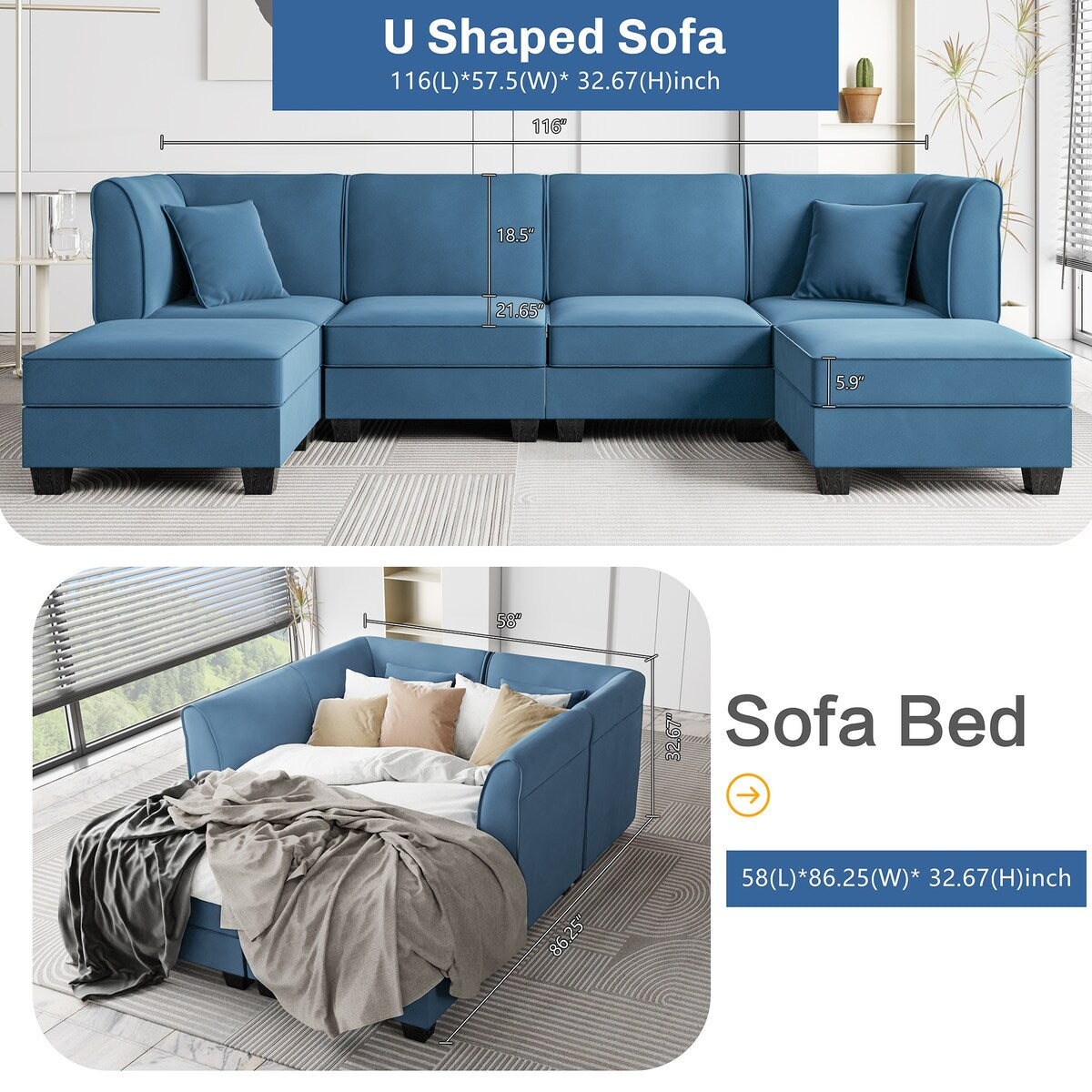 Futzca Sectional Couch Modular Sofa, 116" Velvet L-Shaped Couch Sofa