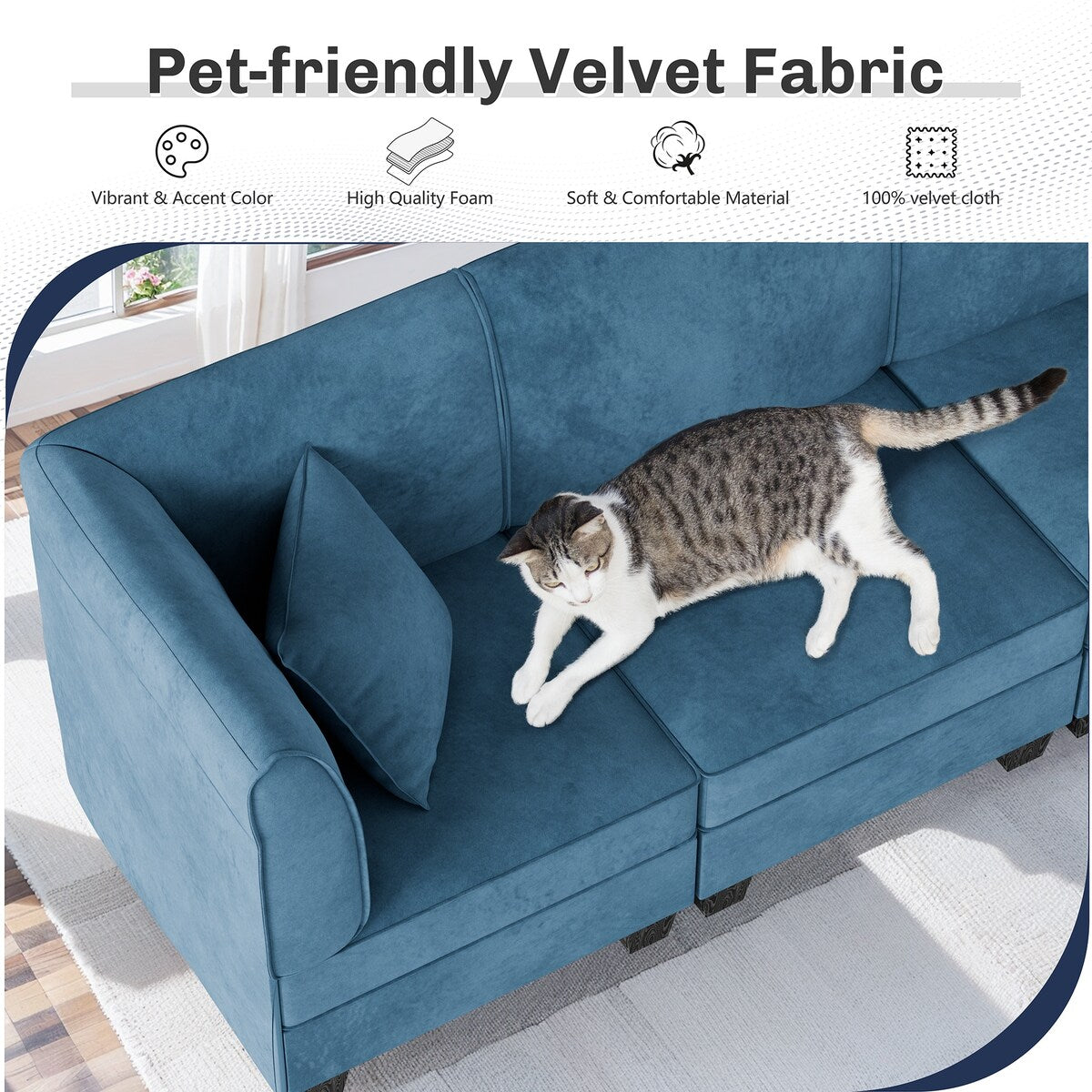 Futzca Sectional Couch Modular Sofa, 116" Velvet L-Shaped Couch Sofa
