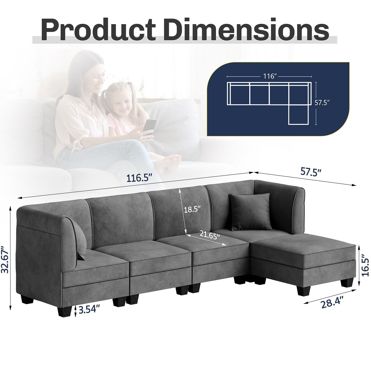 Futzca Sectional Couch Modular Sofa, 116" Velvet L-Shaped Couch Sofa