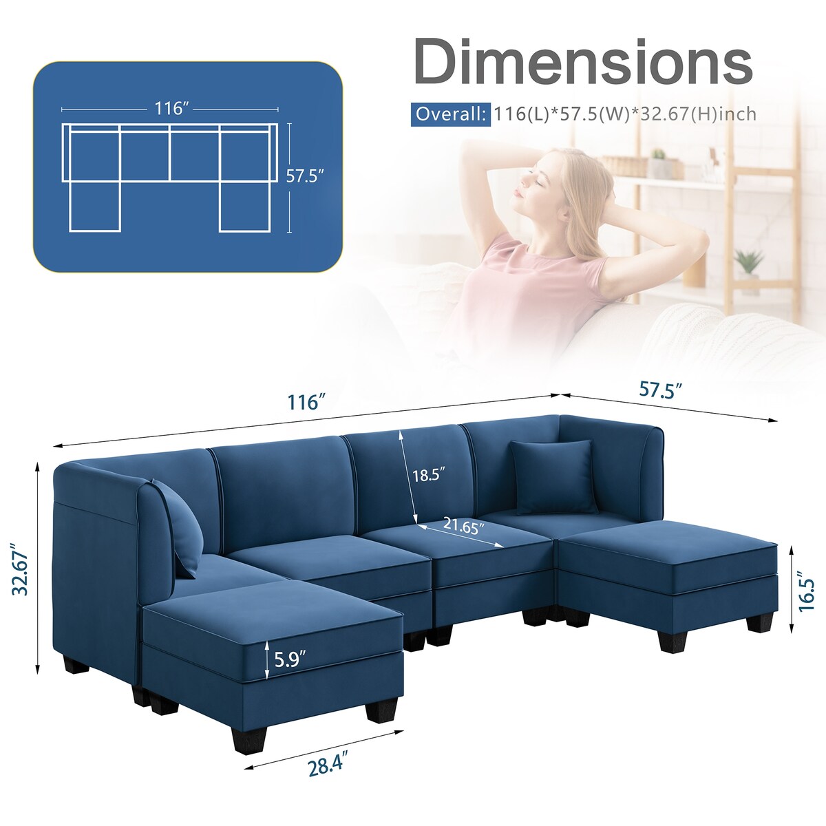 Futzca Sectional Couch Modular Sofa, 116" Velvet L-Shaped Couch Sofa