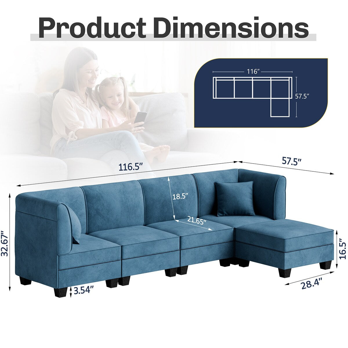 Futzca Sectional Couch Modular Sofa, 116" Velvet L-Shaped Couch Sofa