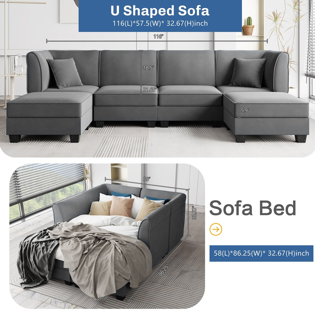 Futzca Sectional Couch Modular Sofa, 116" Velvet L-Shaped Couch Sofa