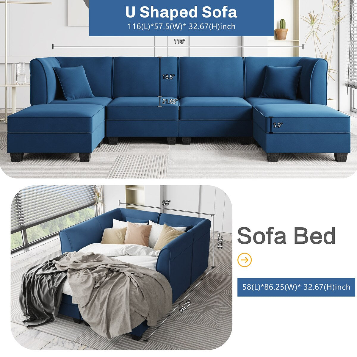 Futzca Sectional Couch Modular Sofa, 116" Velvet L-Shaped Couch Sofa
